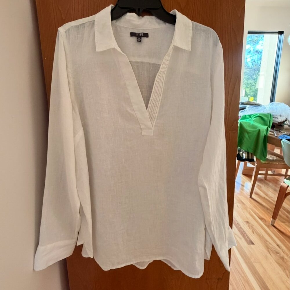 White 100% Linen Popover Shirt Top Tunic NYDJ XL relaxed summer coastal vaca